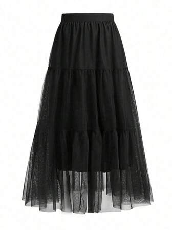 พลัสขนาดผู้หญิงสีทึบเอวยางยืดตาข่ายตาข่ายหลายชั้นเร้าใจเฮ็มยาวหลวมกระโปรง