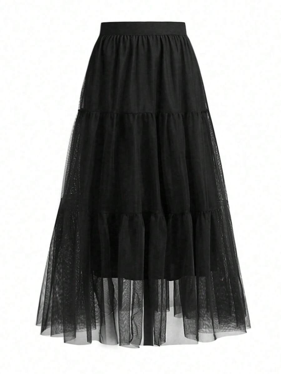 Plus Size Women Solid Color Elastic Waist Mesh Netting Multiple Layer Ruffled Hem Long Loose Skirt Casual Black Spring - Black - View 1