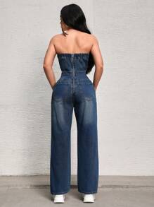 SHEIN SXY Combinaison en denim sans bretelles avec fermeture éclair arrière, unicolore, ceinture à la taille