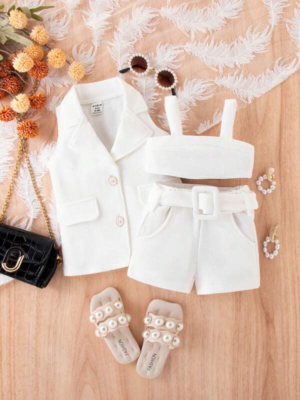 Conjunto de 3 peças para bebê menina elegante e doce para o verão, inclui regata, shorts com cinto e colete
