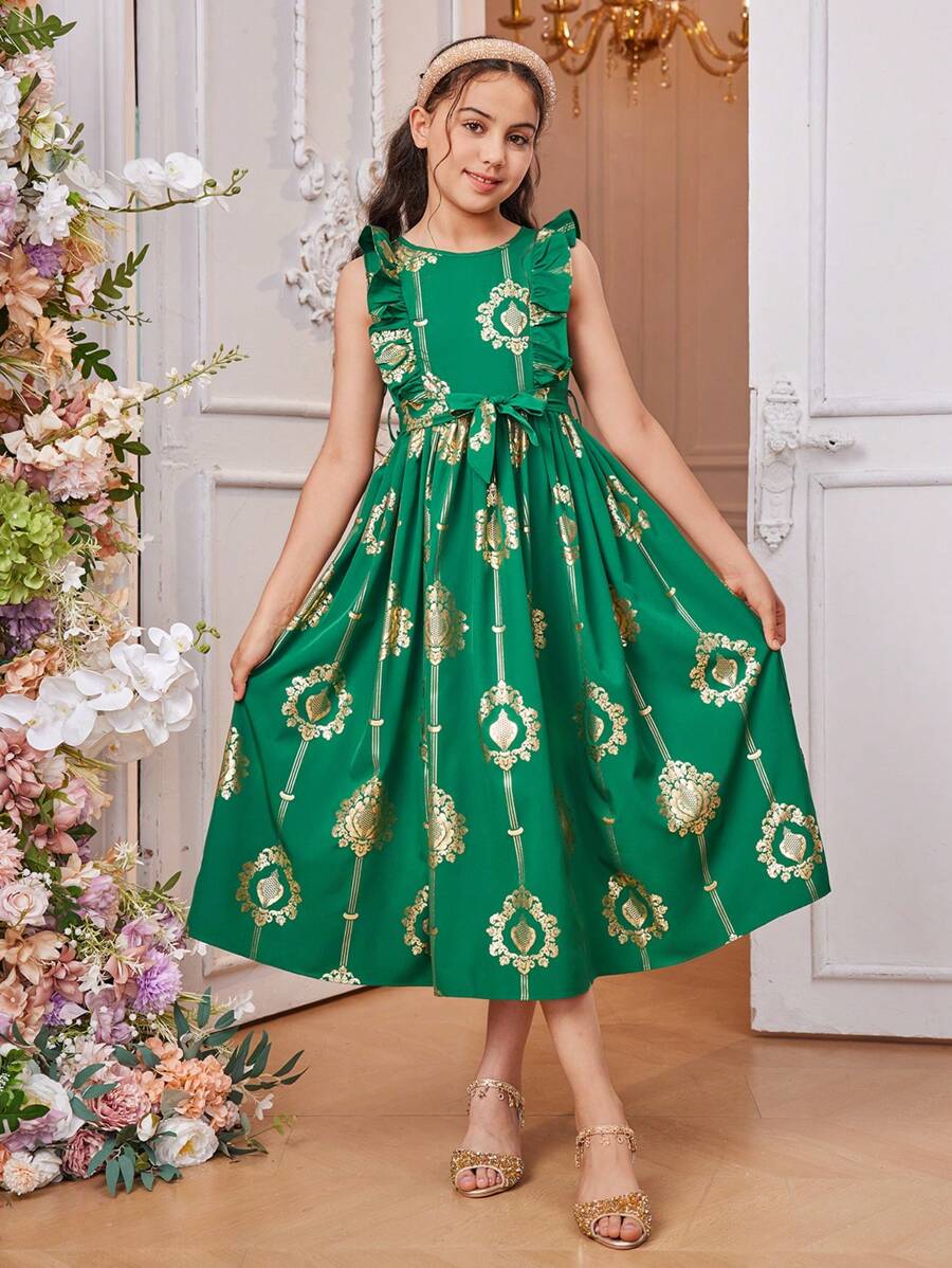SHEIN Tween Girls' Gorgeous Long Dress With Gold Foil Fabric - Green - View 1