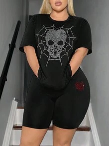 SHEIN SXY Plus Size Sparkling Rhinestone Skull, Spiderweb & Heart Design T-Shirt And Shorts 2-Piece Set For Summer - Black - View 5