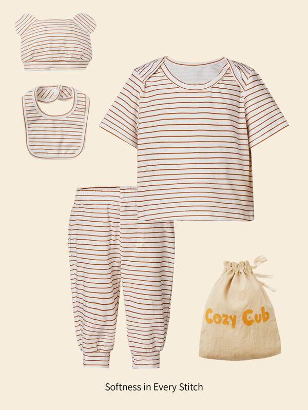 Cozy Pixies Set de pantaloni și tricou cu imprimeu în dungi pentru bebeluș nou-născut, cu pălărie și bavetă