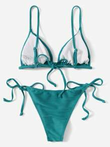 SHEIN Swim Bộ bikini đi biển mùa hè đơn giản dành cho nữ, Bộ đồ bơi ngày lễ - Màu xanh ngọc - Xem 2