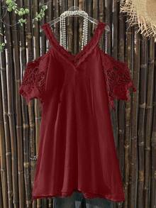 EMERY ROSE Plus Size Women Fashionable Cold Shoulder Asymmetrical Hem Dress - Red - View 2