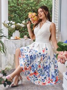 Celure Conjunto de top sin mangas de talla grande con correa trasera de unicolor y falda estampada