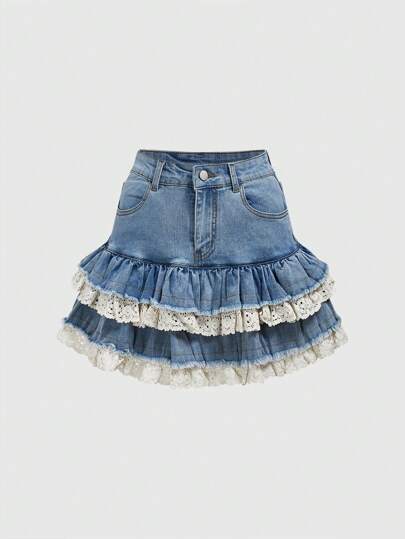 Kawaii Women Fashionable Denim Skirt With Lace Hem Summer, School