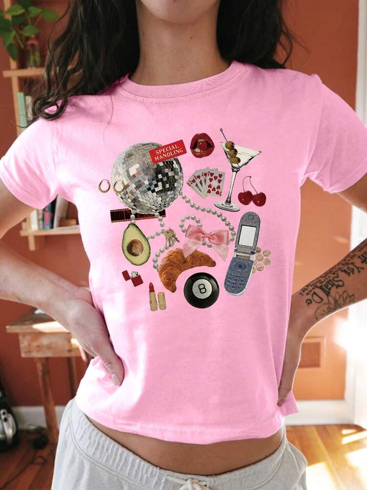 Women Y2K Print Short Sleeve Cropped T-Shirt For Summer Casual Wear