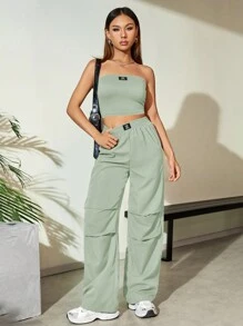 Conjunto de 2 piezas de top tubo y pantalones de pernera ancha de unicolor casual y de moda para mujer en verano - verde menta - Ver 6