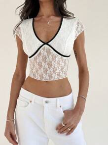 Aloruh Women Tight Black And Contrast Lace Deep V-Neck Mesh Top - White - View 6