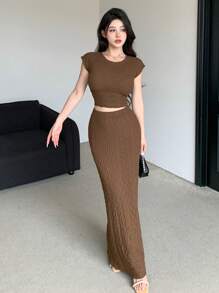 DAZY Conjunto de top corto y falda de verano elegante con textura de moda para mujer, conjunto de dos piezas para mujer