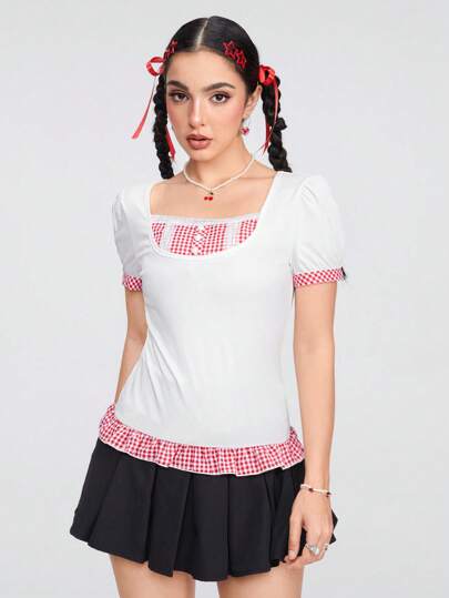 Kawaii Women Fashionable Summer Red And White Checkered Design T-Shirt