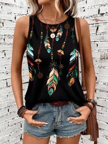 EMERY ROSE Feather Print Summer Matching Women Camisole Top - Black - View 5
