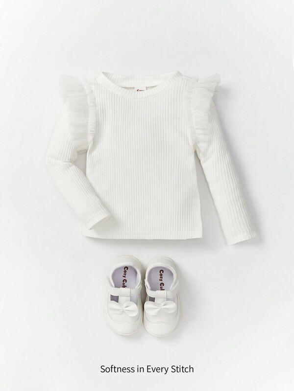 Cozy Pixies Baby Girl Ribbed Knit Contrast Mesh Ruffle Trim Tee