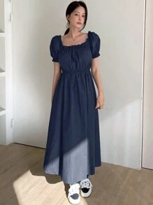 DAZY Women Summer Square Neckline Short Bubble Sleeve A-Line Dress With Ruffled Hem - Navy Blue - View 8