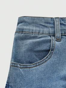 ROMWE Kawaii Women Fashionable Denim Skirt With Lace Hem Summer, School - Blue - View 4