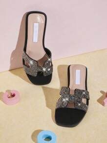 Mini mi Kids Black Sparkling Rhinestone H Slide Sandal - Anti-Slip, Comfort, Bigtime Style, Essential And Timeless