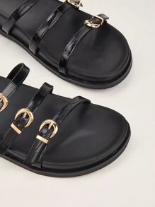 Casual Vacation Black Flat Sandals Slippers With Metallic Buckle Strap