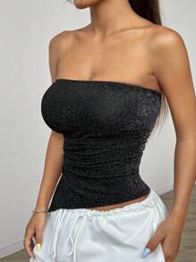 SHEIN EZwear Top de bandeau asimétrico de verano para mujer con dobladillo plisado brillante y abertura lateral, casual