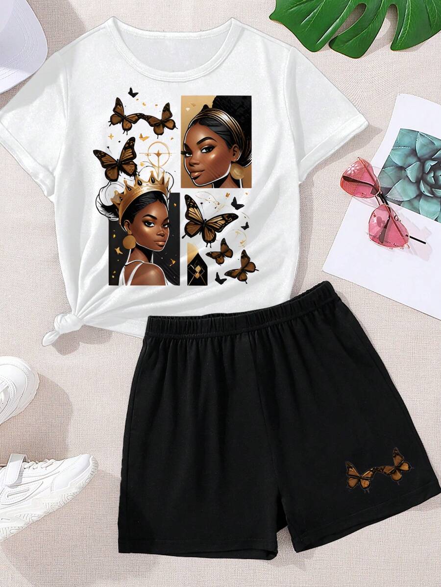 SHEIN Teen Girl Butterfly And Character Print Short Sleeve Casual T-Shirt And Shorts Set For Summer, School, Campus, College - Black and White - View 1