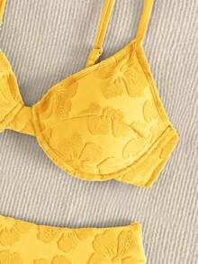 SHEIN Swim 女士假期用花朵深色條紋簡約時尚比基尼套裝 - 藍色 - 查看 4