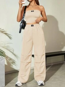 Flirla 女款夏季寬鬆休閒2件套裝：短款letter印花背心上衣和寬腳打褶褲 - 杏色 - 查看 1