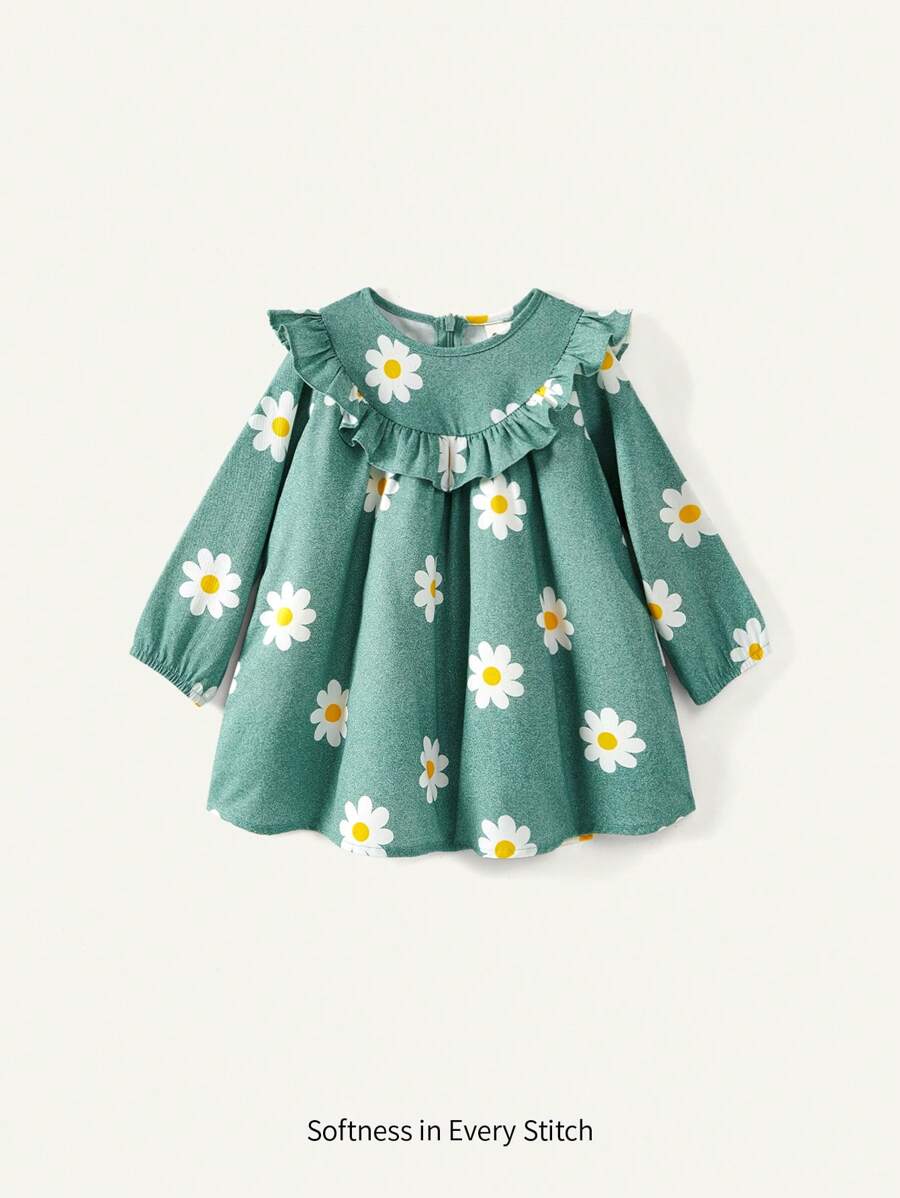 Cozy Pixies 嬰兒女孩菊花數字印花荷葉邊長袖連衣裙 - 彩色 - 查看 1