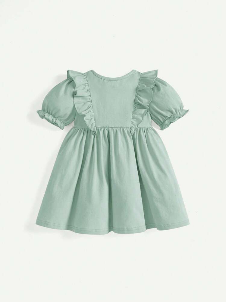 Baby Girl Floral Pattern Round Neck Puff Sleeve Dress With Ruffle Trim And Elastic Waist, 2pcs/Set Bestie Matching Set