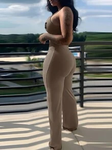 INAWLY Bộ áo liền quần không tay in chữ thường ngày dành cho nữ cho mùa xuân hè - Màu Khaki - Xem 2