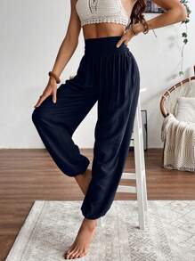 SHEIN LUNE Solid Color Women Simple And Versatile Pants With Pleated And Tapered Hem Fall Cloth For Women - Navy Blue - View 5