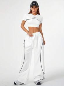 Coolane Conjunto casual de verano para mujeres con camiseta y pantalones anchos de pierna (2 piezas / conjunto) de moda callejera - Blanco - Ver 5