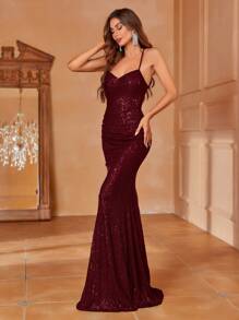 Faeriesty 女士优雅深酒红色超细吊带长款派对礼服 – 交叉系带露背、美人鱼裙摆和闪亮亮片 | 修身剪裁，适合婚礼、晚宴和正式场合，新年装扮，夏季度假装扮