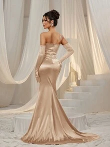Faeriesty Satin Ruched Wrap Hem Tube Prom Dress (Gloves Included)
