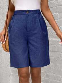 SHEIN LUNE Solid Color Shorts With Slant Pocket For Summer - Dark Wash - View 4