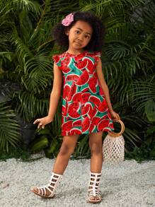 SHEIN Vestido de manga corta con cuello redondo y diseño de sandía, lindo y moderno para una niña - Rojo - Ver 4