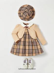 Cozy Pixies Baby Mädchen kariertes Kleid mit Schleife, Jacke & Hut, für Weihnachten