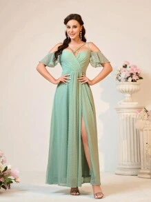 SHEIN Belle Elegant Sage Green Spring Wedding Bridesmaid Dress,Jacquard Sweetheart Neckline Ruffle Sleeves High Side Slit Double Shoulder Straps Music Festival - Green - View 1
