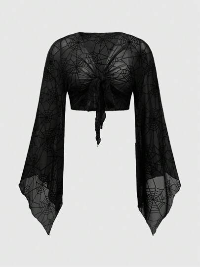 Fairycore Plus Size Spider Web Embossed Mesh Flared Sleeve Bolero Top For Halloween