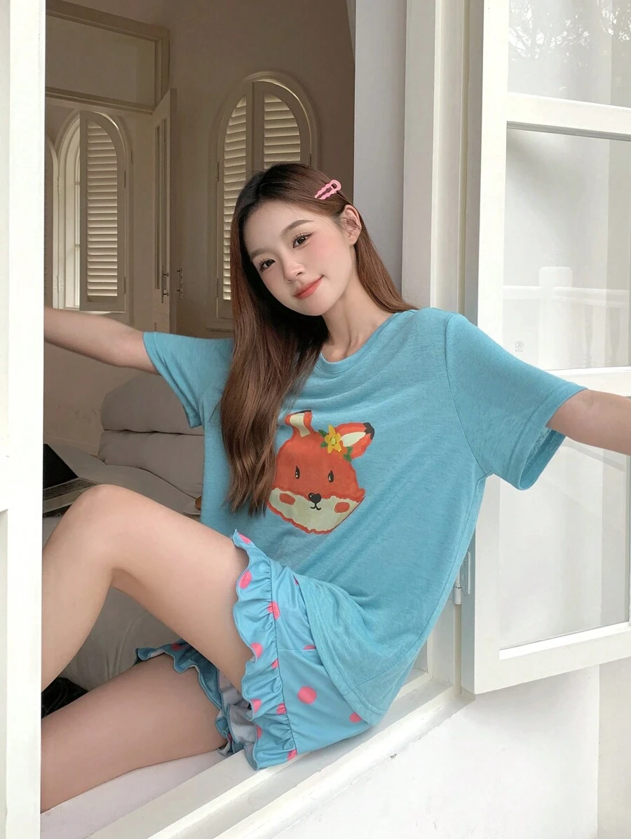 DAZY Cute Cartoon Printed Top With Polka Dot Ruffled Shorts Sleepwear Set - Blue - View 1