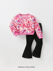 Cozy Pixies 女嬰心形印花運動衫和喇叭褲 - 彩色 - 查看 1