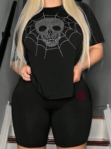 SHEIN SXY Plus Size Sparkling Rhinestone Skull, Spiderweb & Heart Design T-Shirt And Shorts 2-Piece Set For Summer - Black - View 1