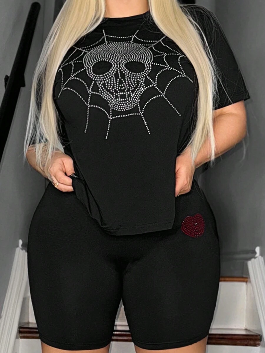 SHEIN SXY Plus Size Sparkling Rhinestone Skull, Spiderweb & Heart Design T-Shirt And Shorts 2-Piece Set For Summer - Black - View 1
