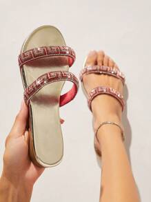 SHUZIA Sandalias planas de estilo europeo y americano, estilo coreano de verano de gran elegancia con patrón geométrico de incrustaciones de diamantes de imitación para mujeres