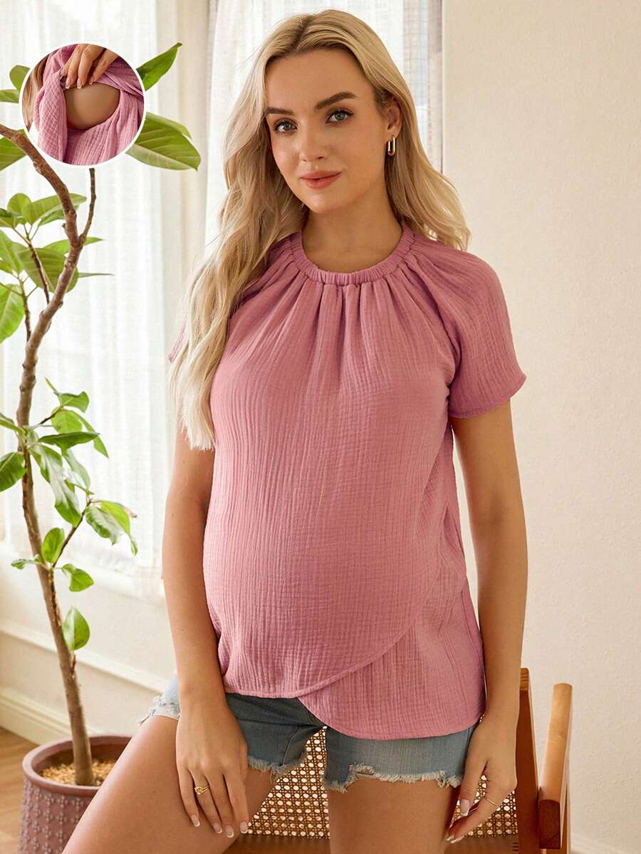 SHEIN Maternity Pleated Design Raglan Sleeve Long Sleeve Sweater Top - Pink - View 1