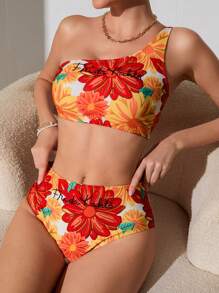 Frida Kahlo X SHEIN Women Knitted Floral One Shoulder Bikini Set, Summer - Multicolor - View 5