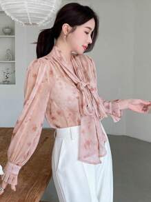DAZY Women Chiffon Printed Shirred Long Sleeve Blouse,Ruffle,Fall Women Clothes - Pink - View 6