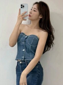 DAZY 女士无肩带牛仔上衣，带可拆卸纽扣和无袖设计，抹胸款式 - 中等水洗藍 - 查看 1