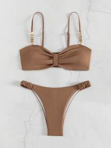 Swim Mod Solid Color Textured Special Fabric With Sparkle Decoration Chest Fold Bikini , Summer Beach - Coffee Brown - View 5