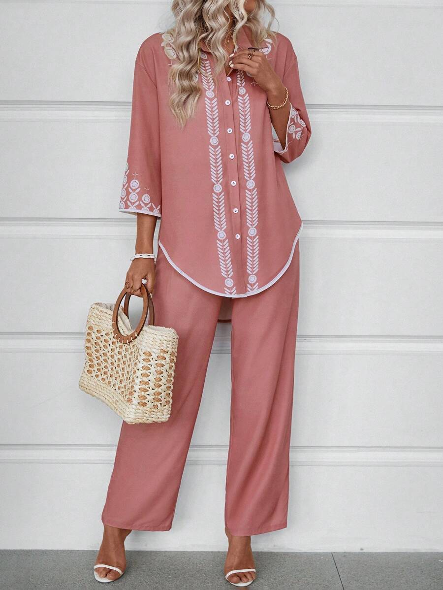 SHEIN LUNE Women Fashionable Casual Two Pieces Set With Printed Shirt And Trousers