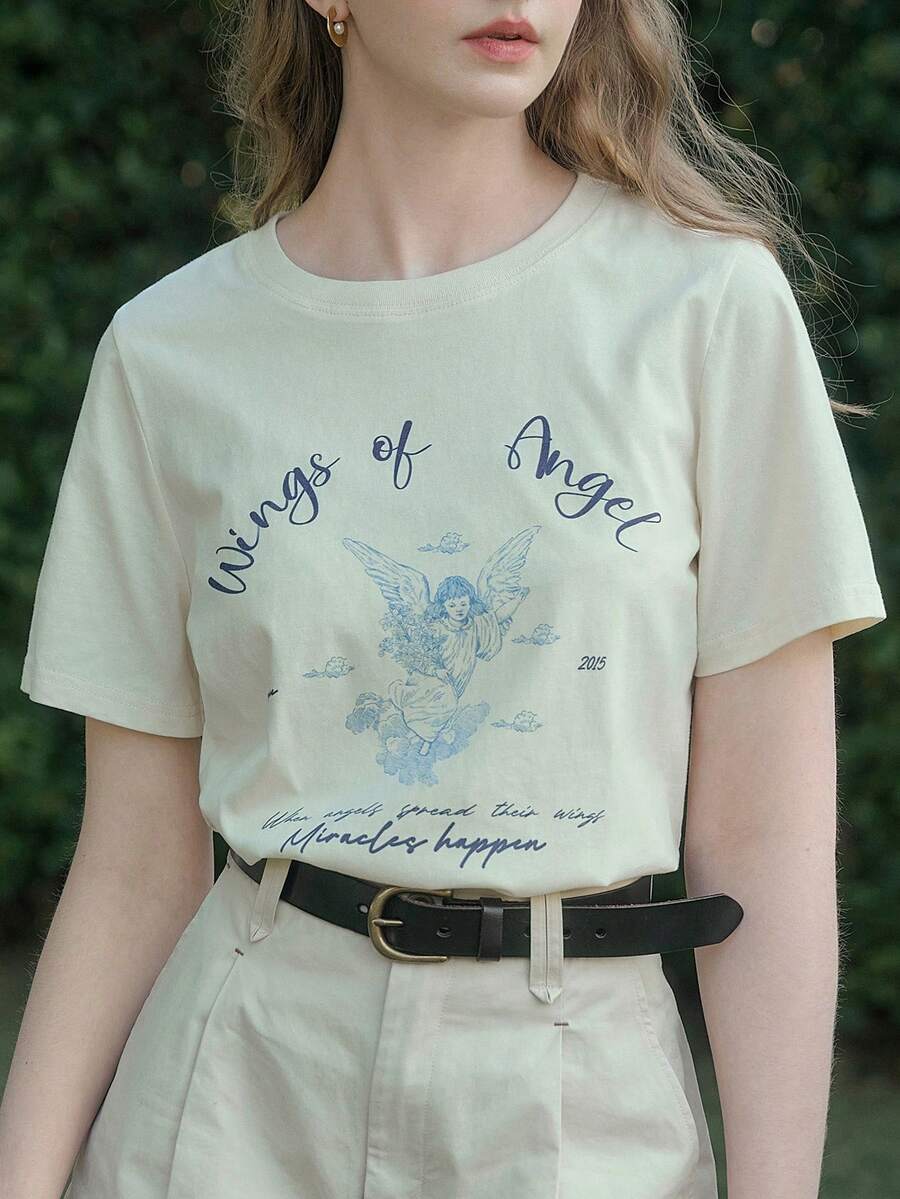 Simple Retro Angel Print Casual Round Neck Short Sleeve T-Shirt - Beige - View 1